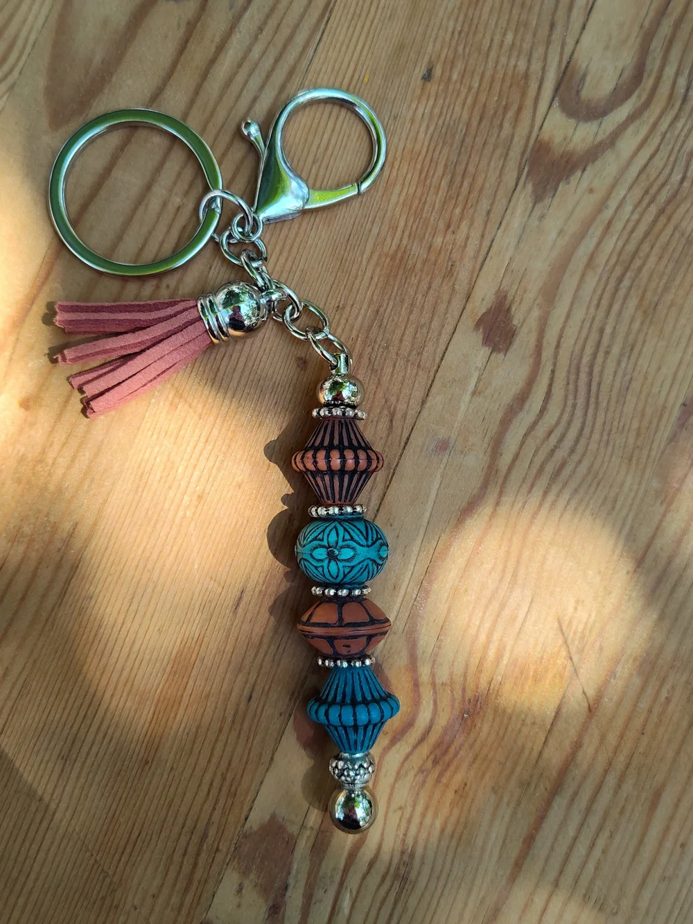 Beaded Tassel Keychain - Teal & Rust